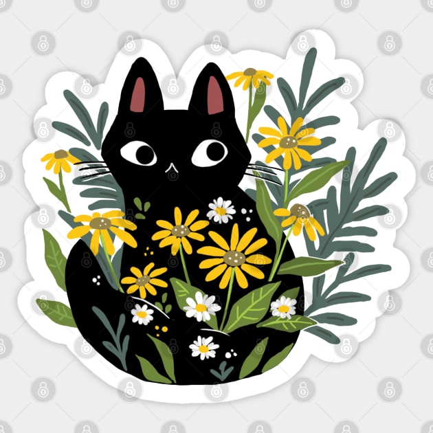 Black Cat In The Flowers Sticker by MichelleScribbles
